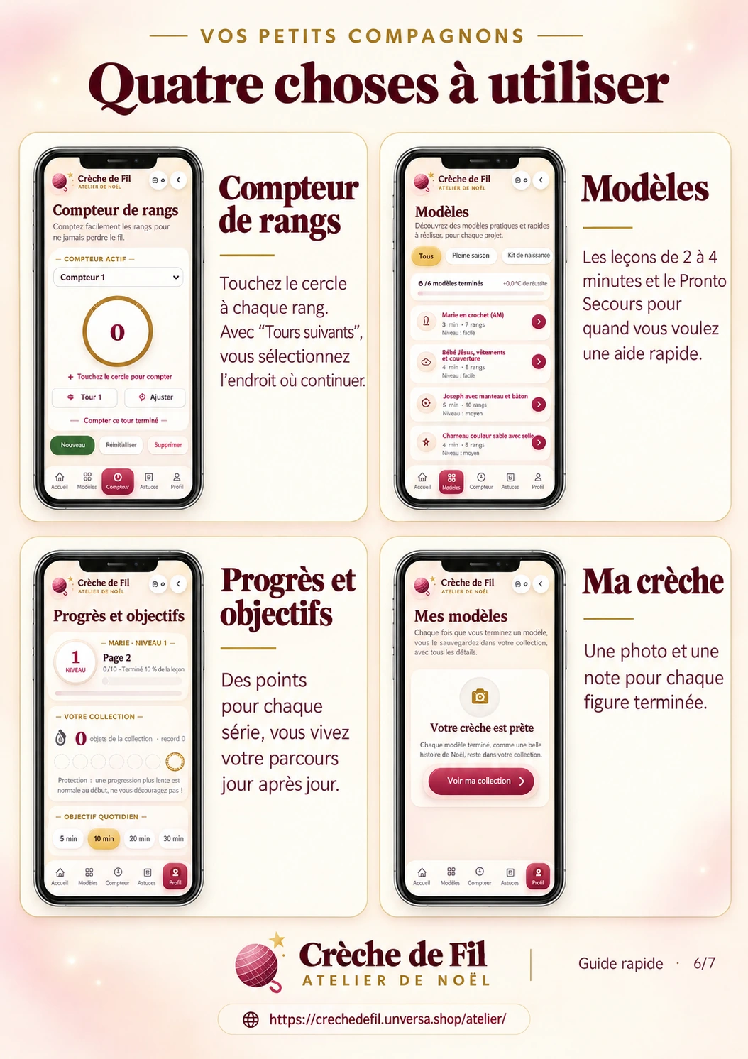 Quatre aides : compteur de tours, leçons d'apprentissage, récompenses et progrès, ma crèche