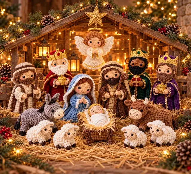 Scène complète de la crèche amigurumi